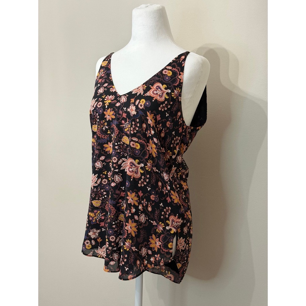 Floral Paisley V-Neck Tank Top Sleeveless Curved Hem Black Multi Color Camisole - Picture 7 of 11